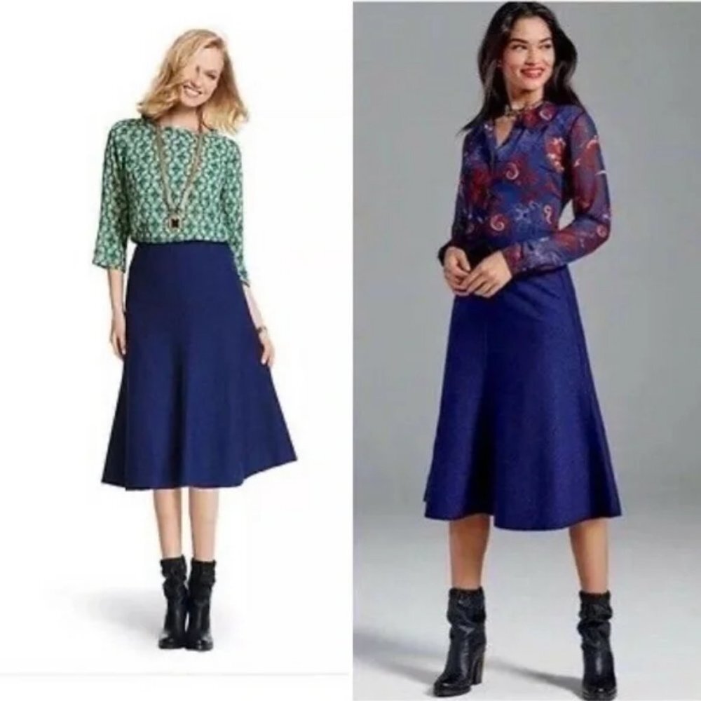 Nwt CAbi #3097 Navy Blue Textured Tulip A-Line Flare Midi Skirt Size 4